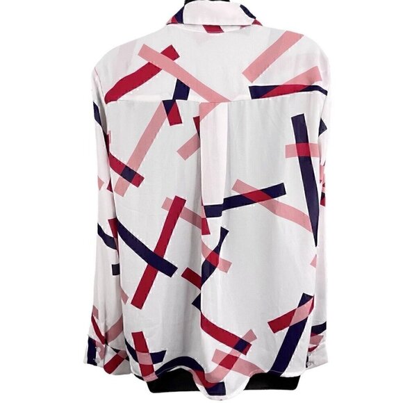 Lulus Camrose White Geometric Print Button-Up Long Sleeve Top Blouse Women’s M - Picture 6 of 12
